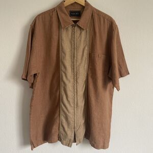 GOCHU Linen Shirt Two-Tone Brown Short Sleeve Full Zip Bowler-Style Top Sz L/XL